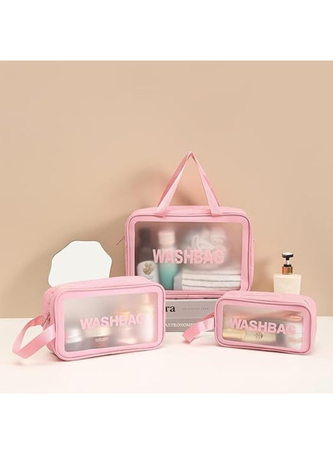 3pcs Clear Cosmetic Bag - Travel Cosmetic Bag for Women Girls - Travel Makeup Bag - Small Toiletry Bags PVC Plastic - Waterproof Cosmetic Wash Bag Zipper Makeup Bag for Women - Pink - Image 2